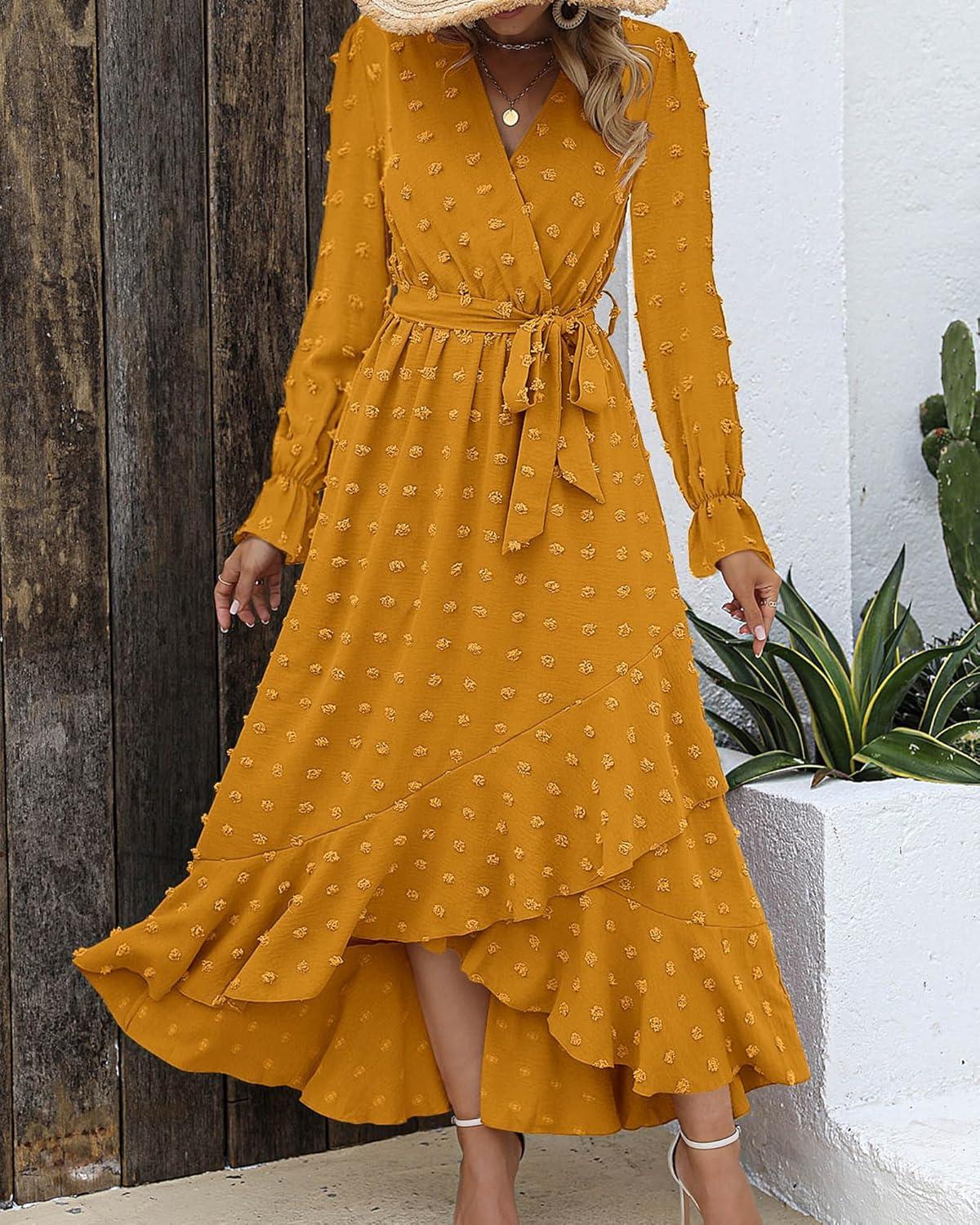 imageBTFBM Long Sleeve Maxi Dresses for Women Swiss Dot Boho Flowy Slit Cocktail Wedding Guest Dress Spring Clothes 2026Yellow