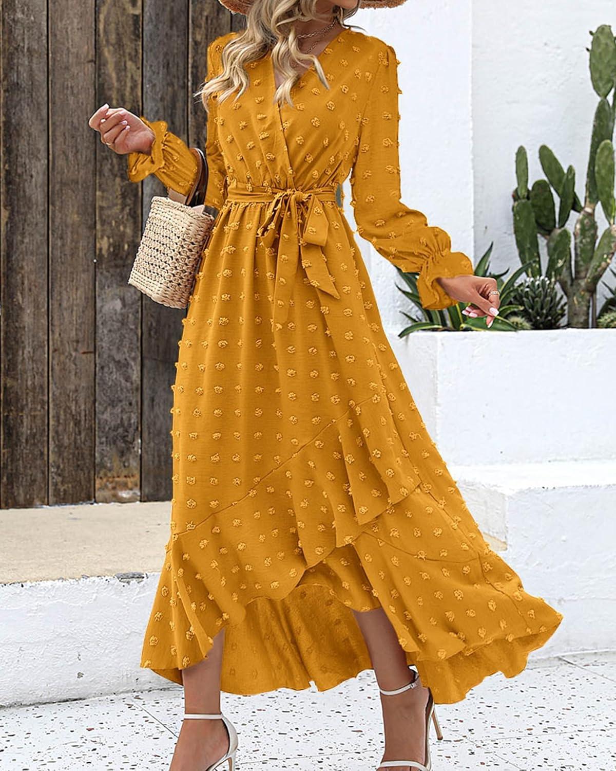 imageBTFBM Long Sleeve Maxi Dresses for Women Swiss Dot Boho Flowy Slit Cocktail Wedding Guest Dress Spring Clothes 2026Yellow