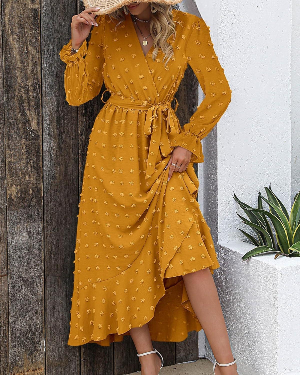 imageBTFBM Long Sleeve Maxi Dresses for Women Swiss Dot Boho Flowy Slit Cocktail Wedding Guest Dress Spring Clothes 2026Yellow