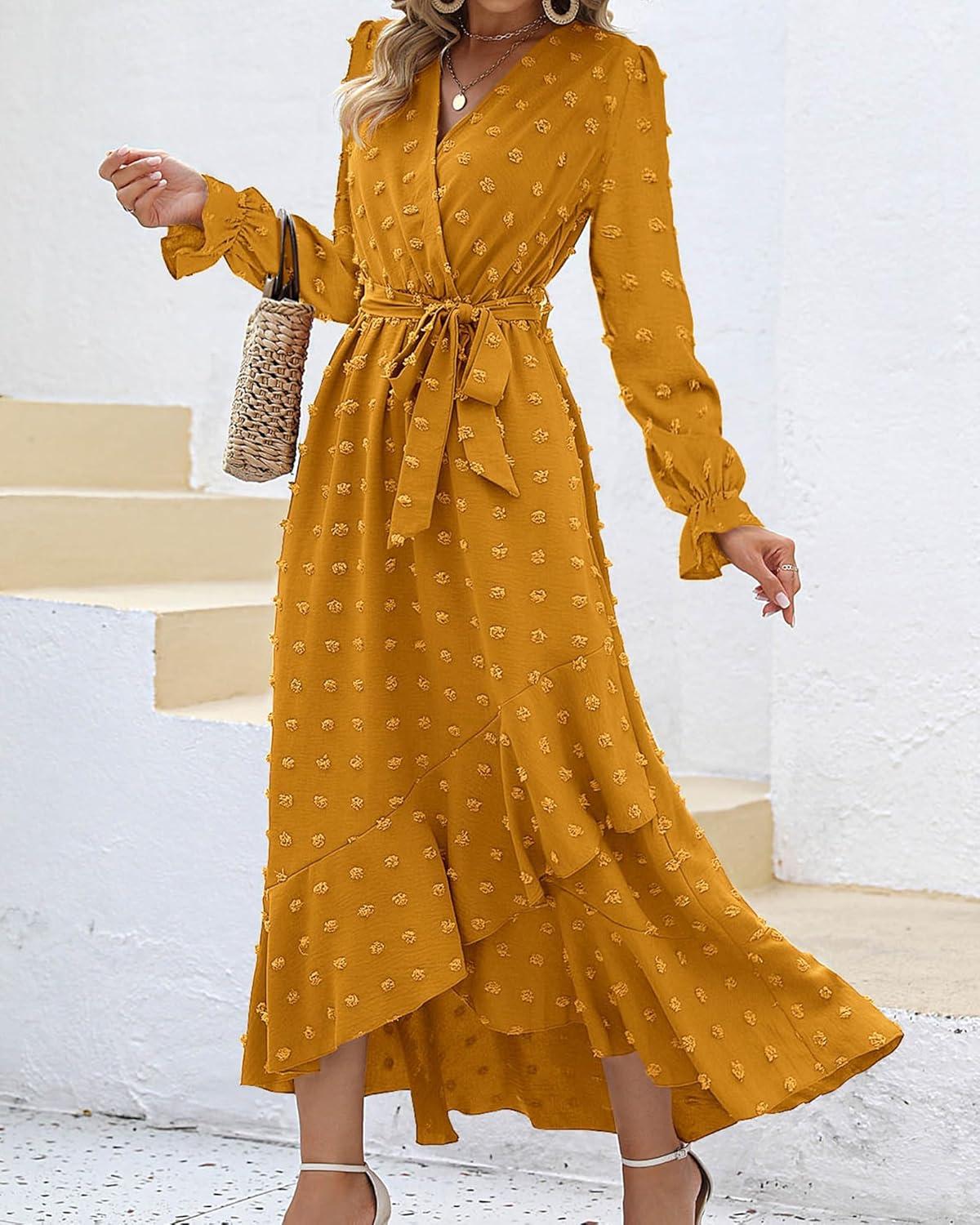 imageBTFBM Long Sleeve Maxi Dresses for Women Swiss Dot Boho Flowy Slit Cocktail Wedding Guest Dress Spring Clothes 2026Yellow