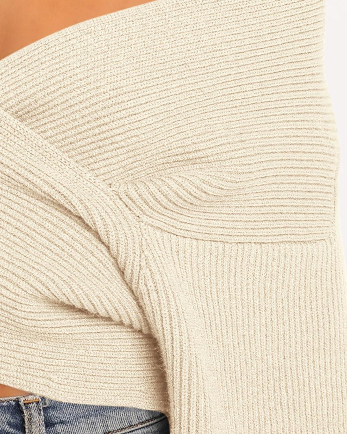imageBTFBM Off The Shoulder Sweater for Women Winter Fall Fashion 2025 V Neck Long Sleeve Ribbed Knit Wrap Cropped SweatersApricot
