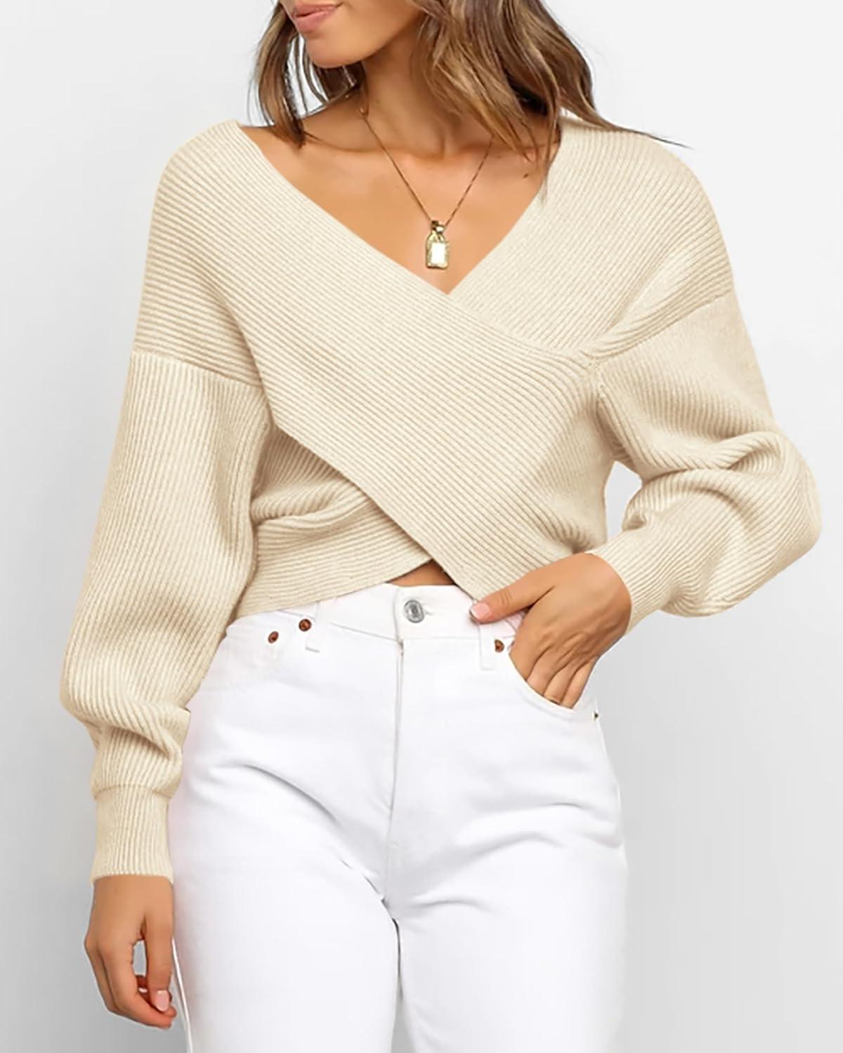 imageBTFBM Off The Shoulder Sweater for Women Winter Fall Fashion 2025 V Neck Long Sleeve Ribbed Knit Wrap Cropped SweatersApricot