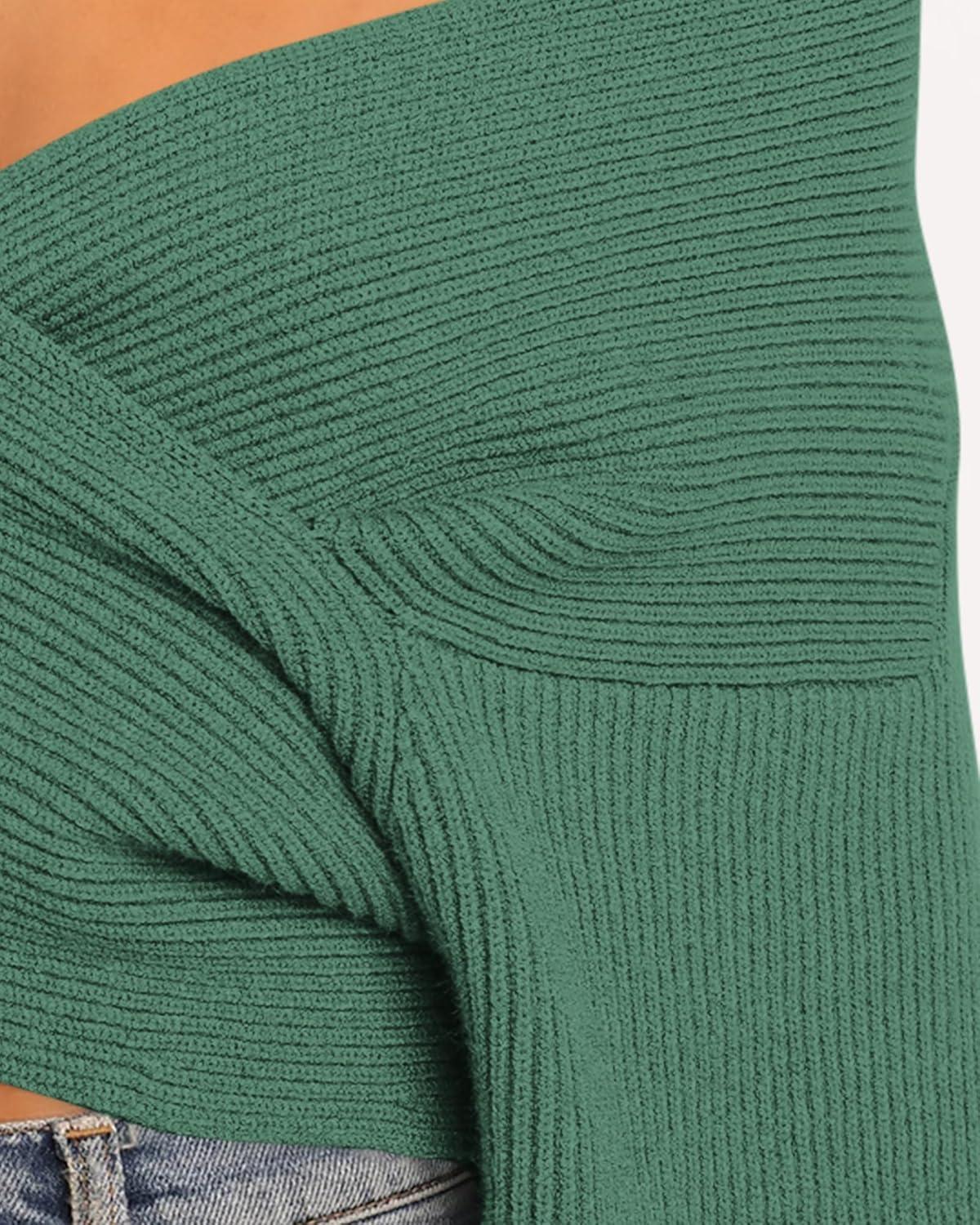 imageBTFBM Off The Shoulder Sweater for Women Winter Fall Fashion 2025 V Neck Long Sleeve Ribbed Knit Wrap Cropped SweatersArmy Green