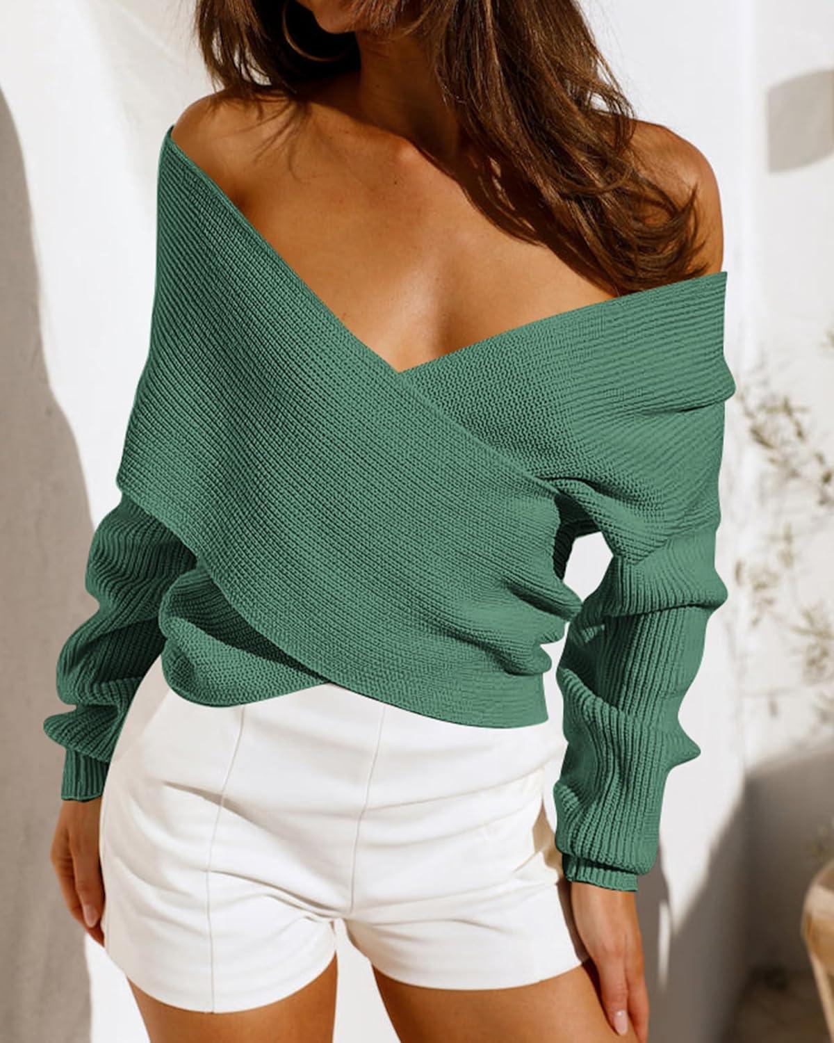imageBTFBM Off The Shoulder Sweater for Women Winter Fall Fashion 2025 V Neck Long Sleeve Ribbed Knit Wrap Cropped SweatersArmy Green