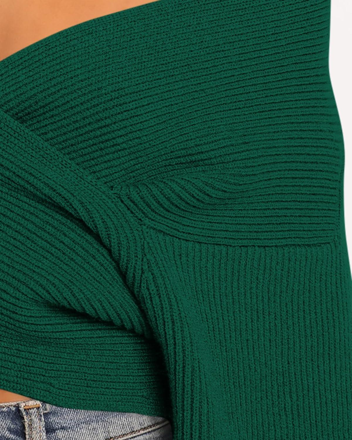 imageBTFBM Off The Shoulder Sweater for Women Winter Fall Fashion 2025 V Neck Long Sleeve Ribbed Knit Wrap Cropped SweatersDark Green