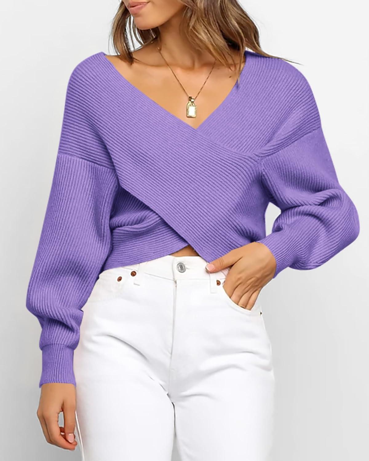imageBTFBM Off The Shoulder Sweater for Women Winter Fall Fashion 2025 V Neck Long Sleeve Ribbed Knit Wrap Cropped SweatersPurple