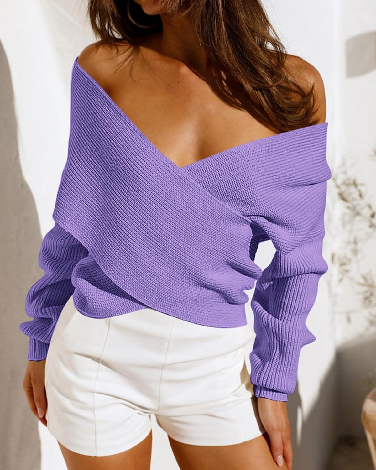 imageBTFBM Off The Shoulder Sweater for Women Winter Fall Fashion 2025 V Neck Long Sleeve Ribbed Knit Wrap Cropped SweatersPurple