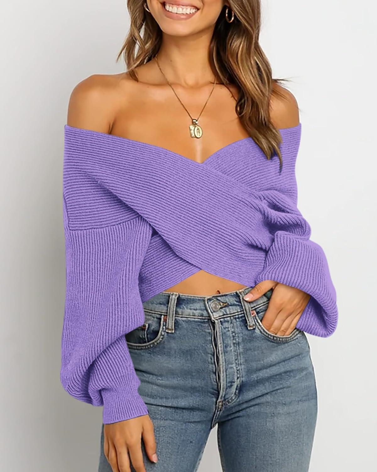 imageBTFBM Off The Shoulder Sweater for Women Winter Fall Fashion 2025 V Neck Long Sleeve Ribbed Knit Wrap Cropped SweatersPurple