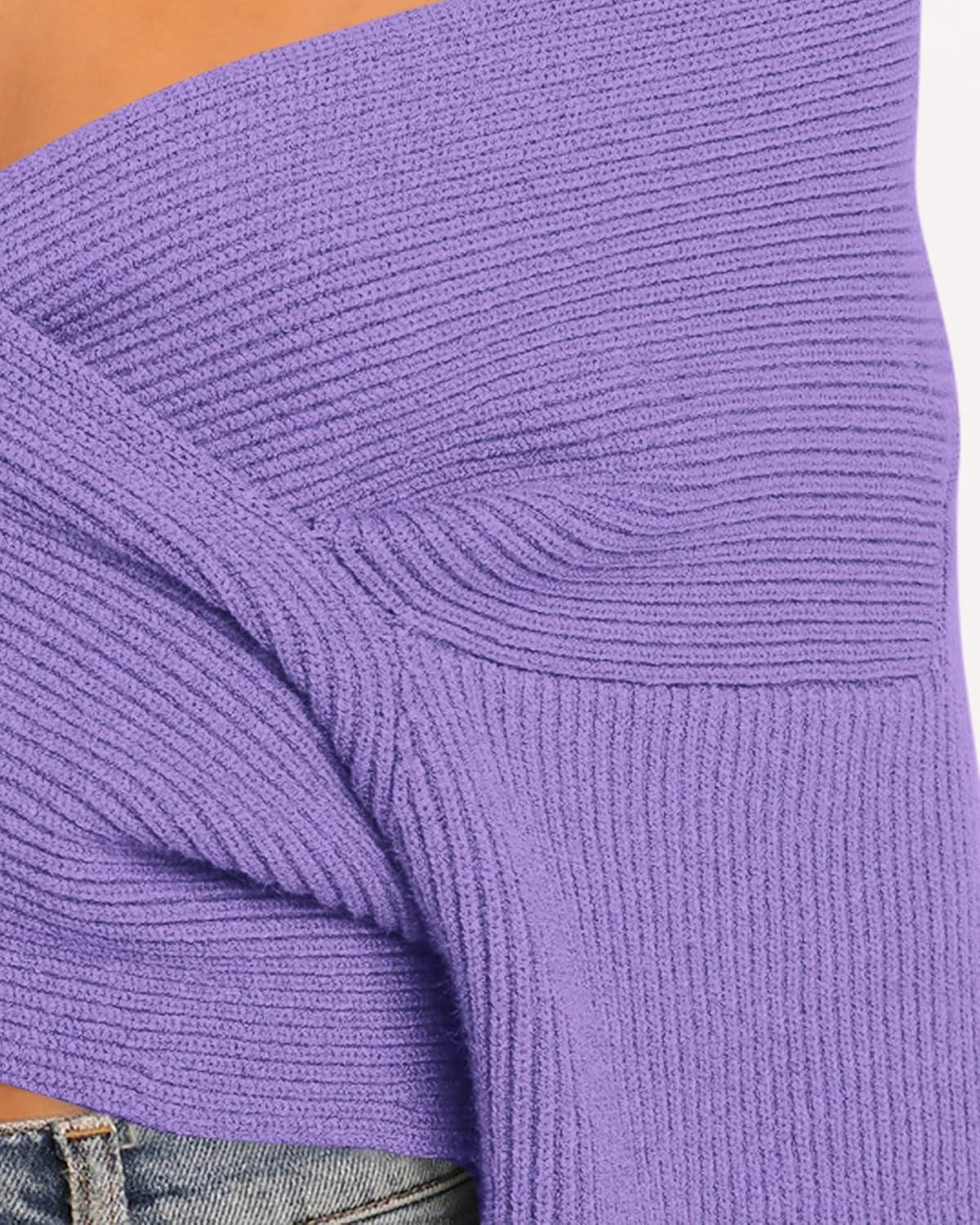 imageBTFBM Off The Shoulder Sweater for Women Winter Fall Fashion 2025 V Neck Long Sleeve Ribbed Knit Wrap Cropped SweatersPurple