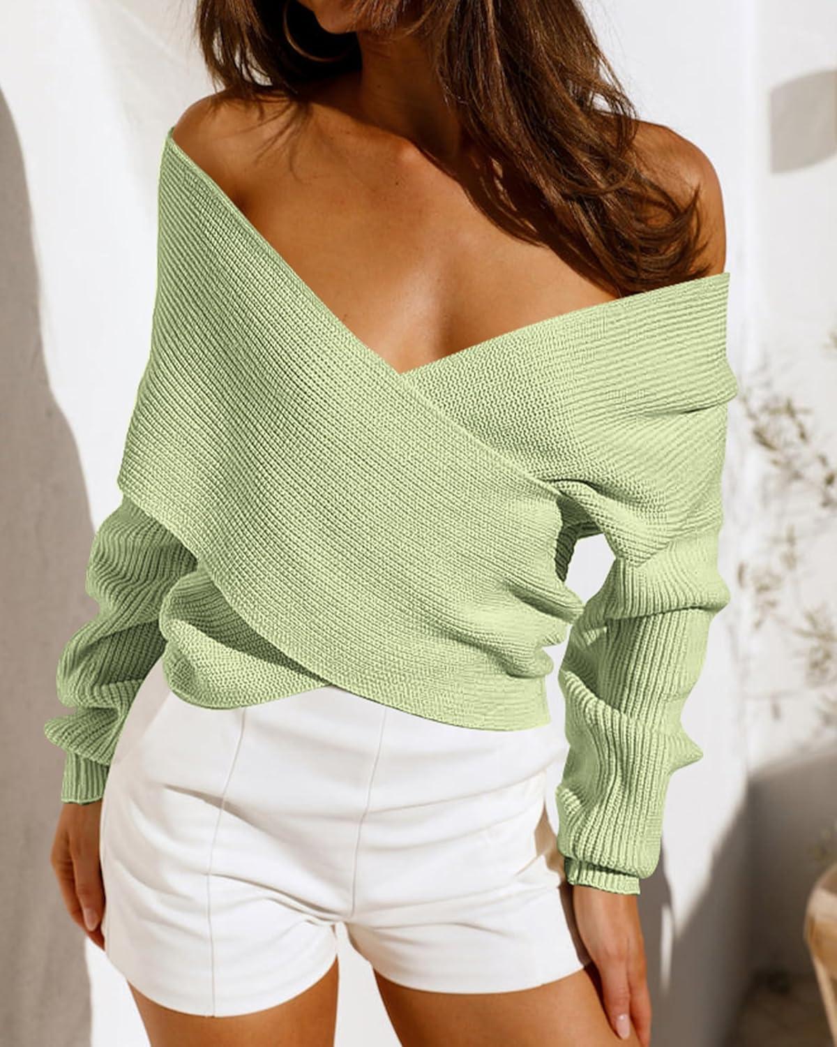 imageBTFBM Off The Shoulder Sweater for Women Winter Fall Fashion 2025 V Neck Long Sleeve Ribbed Knit Wrap Cropped SweatersSolid Light Green