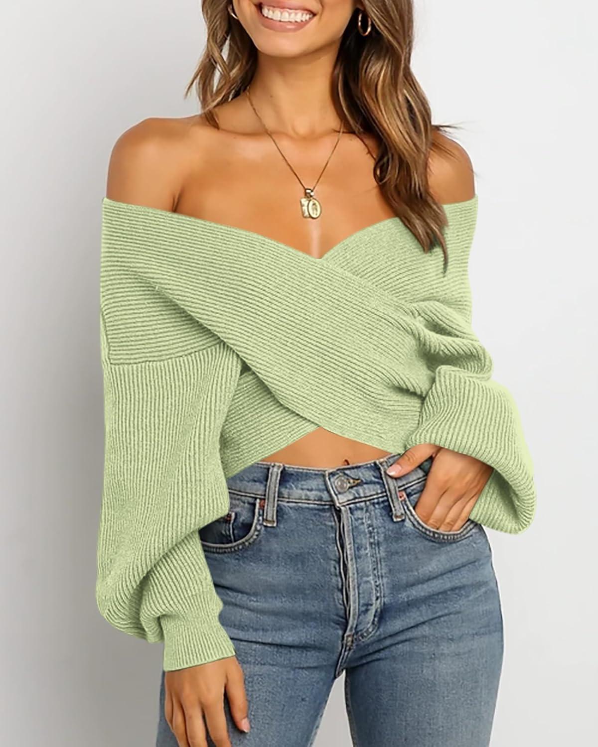 imageBTFBM Off The Shoulder Sweater for Women Winter Fall Fashion 2025 V Neck Long Sleeve Ribbed Knit Wrap Cropped SweatersSolid Light Green