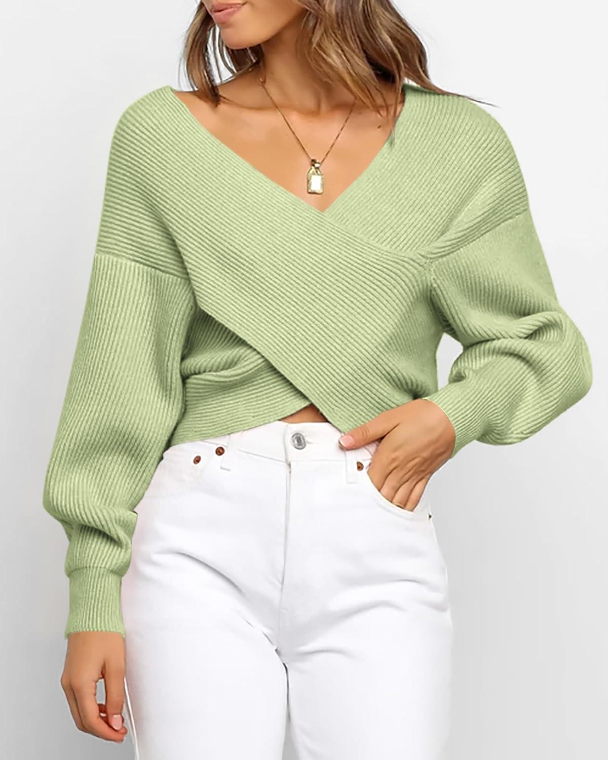 imageBTFBM Off The Shoulder Sweater for Women Winter Fall Fashion 2025 V Neck Long Sleeve Ribbed Knit Wrap Cropped SweatersSolid Light Green