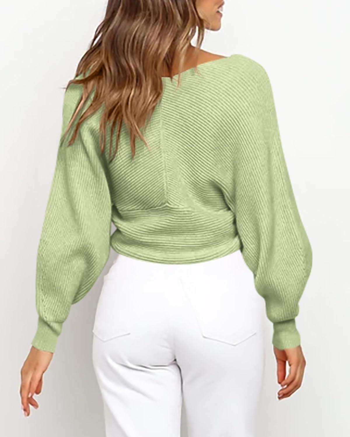 imageBTFBM Off The Shoulder Sweater for Women Winter Fall Fashion 2025 V Neck Long Sleeve Ribbed Knit Wrap Cropped SweatersSolid Light Green