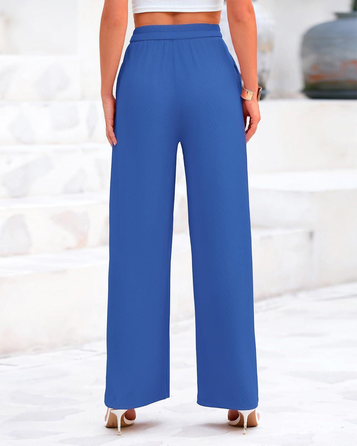 imageBTFBM Palazzo Pants for Women Spring Summer Clothes 2026 Pockets High Waist Casual Knit Flowy Wide Leg TrousersBlue