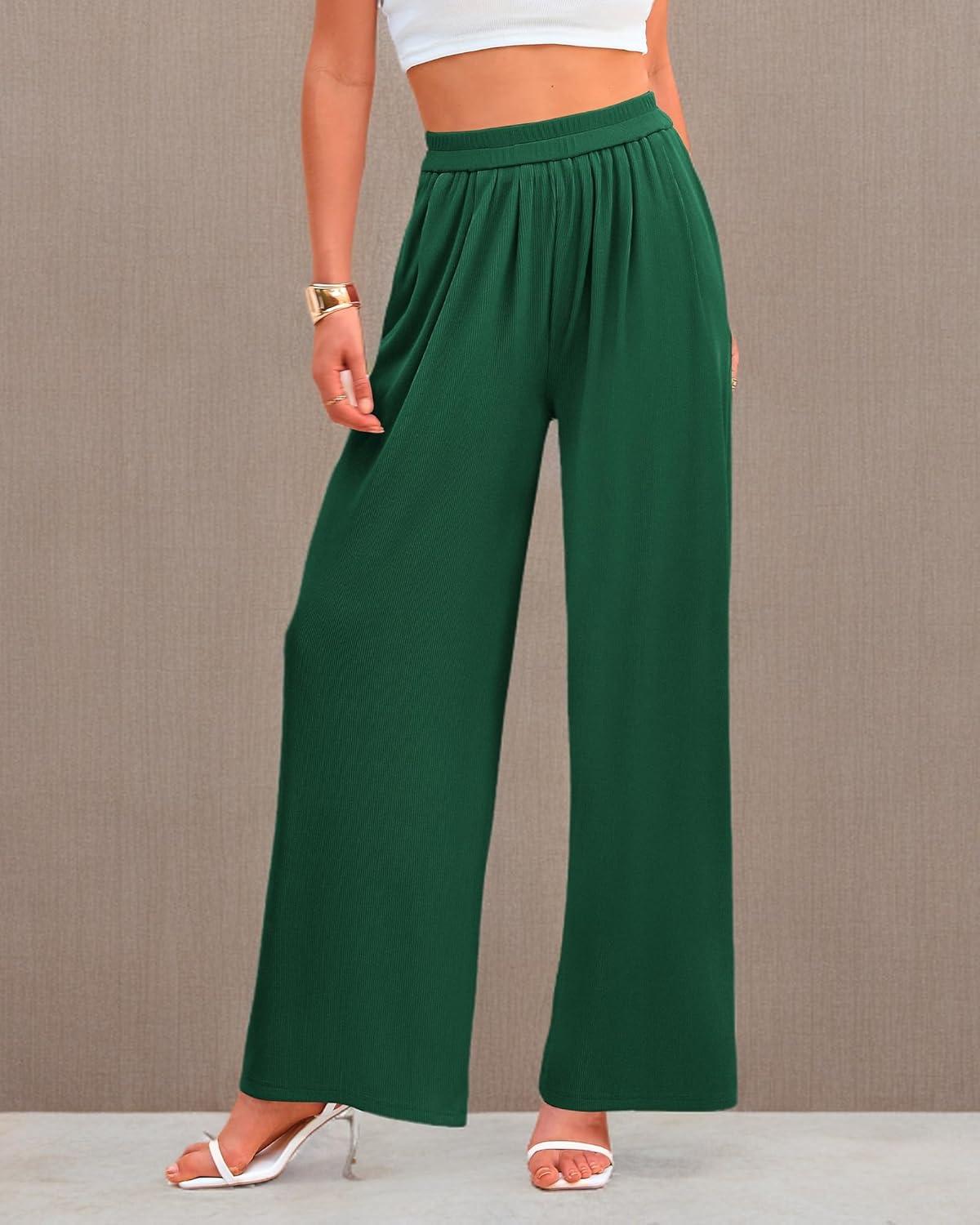 imageBTFBM Palazzo Pants for Women Spring Summer Clothes 2026 Pockets High Waist Casual Knit Flowy Wide Leg TrousersGreen
