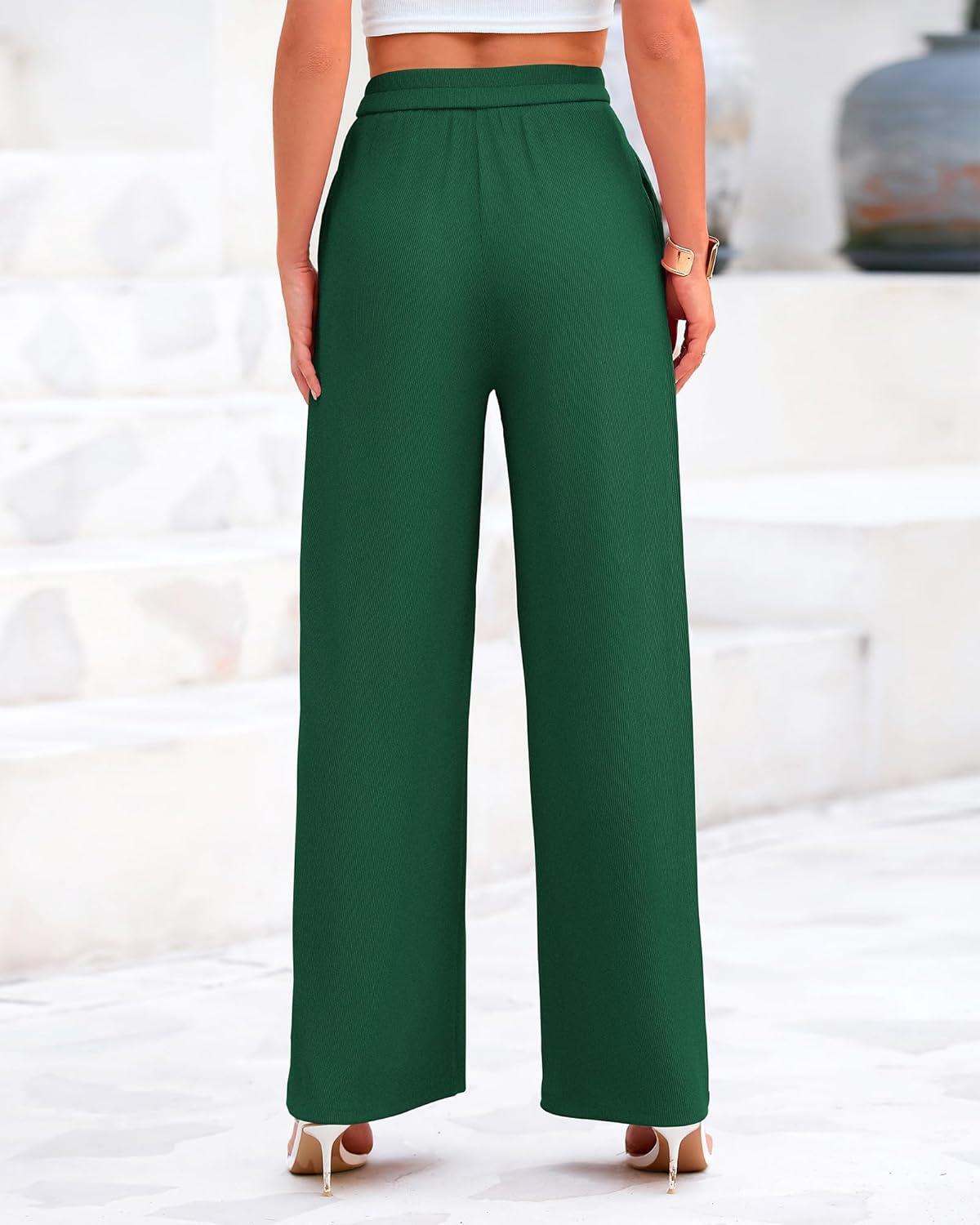 imageBTFBM Palazzo Pants for Women Spring Summer Clothes 2026 Pockets High Waist Casual Knit Flowy Wide Leg TrousersGreen