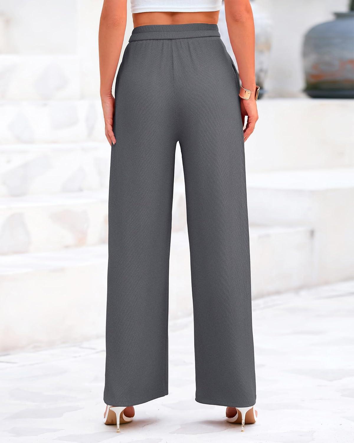 imageBTFBM Palazzo Pants for Women Spring Summer Clothes 2026 Pockets High Waist Casual Knit Flowy Wide Leg TrousersGrey