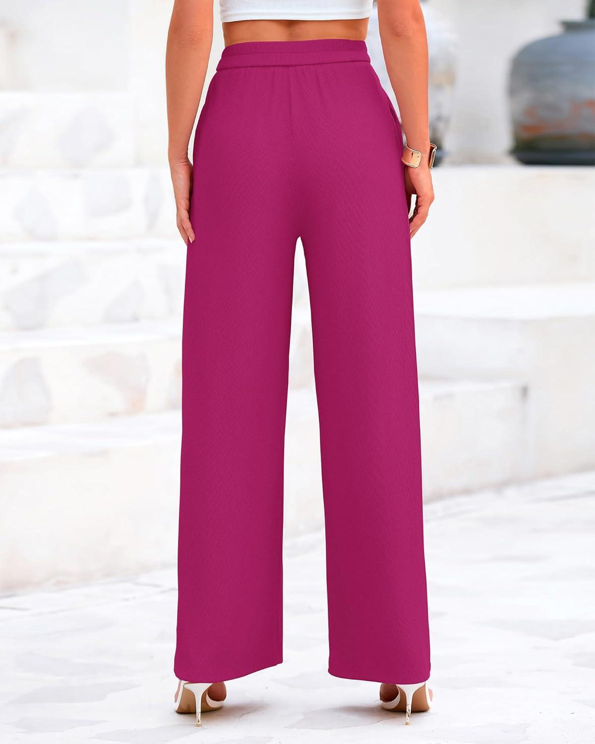 imageBTFBM Palazzo Pants for Women Spring Summer Clothes 2026 Pockets High Waist Casual Knit Flowy Wide Leg TrousersRose Red