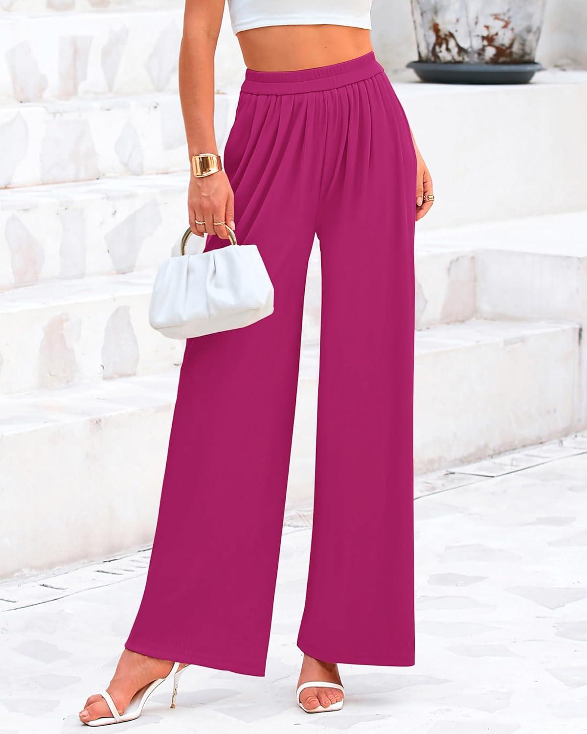 imageBTFBM Palazzo Pants for Women Spring Summer Clothes 2026 Pockets High Waist Casual Knit Flowy Wide Leg TrousersRose Red