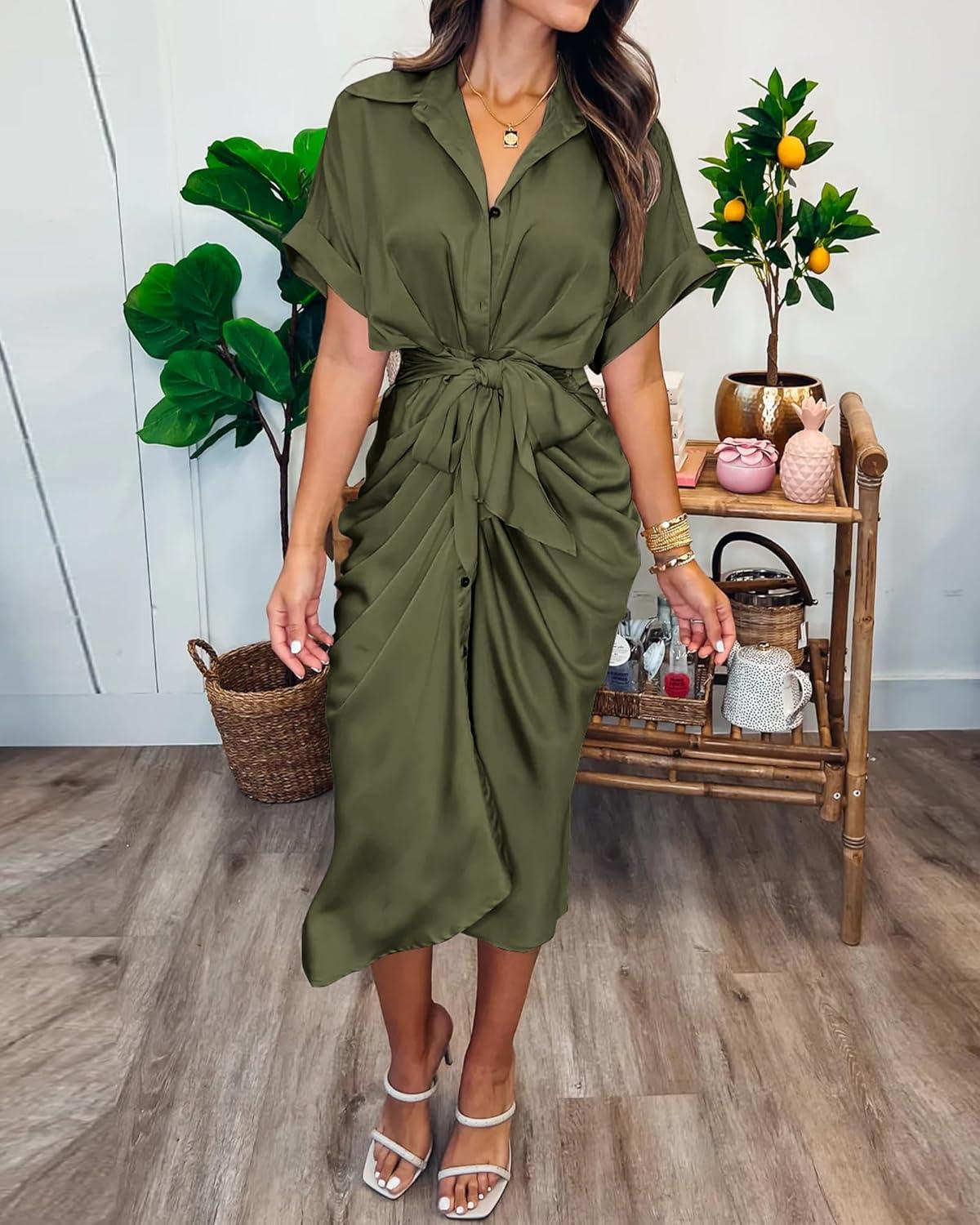 imageBTFBM Shirt Dresses for Women Button Down Short Sleeve Satin Ruched Maxi Spring Dress 2026 Cocktail Party Wedding GuestArmy Green