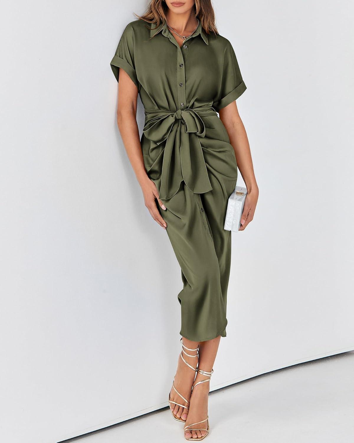 imageBTFBM Shirt Dresses for Women Button Down Short Sleeve Satin Ruched Maxi Spring Dress 2026 Cocktail Party Wedding GuestArmy Green