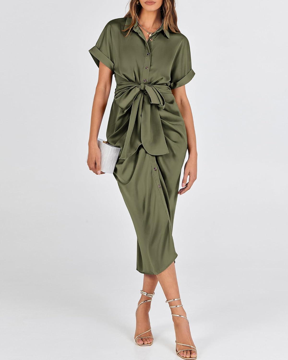 imageBTFBM Shirt Dresses for Women Button Down Short Sleeve Satin Ruched Maxi Spring Dress 2026 Cocktail Party Wedding GuestArmy Green