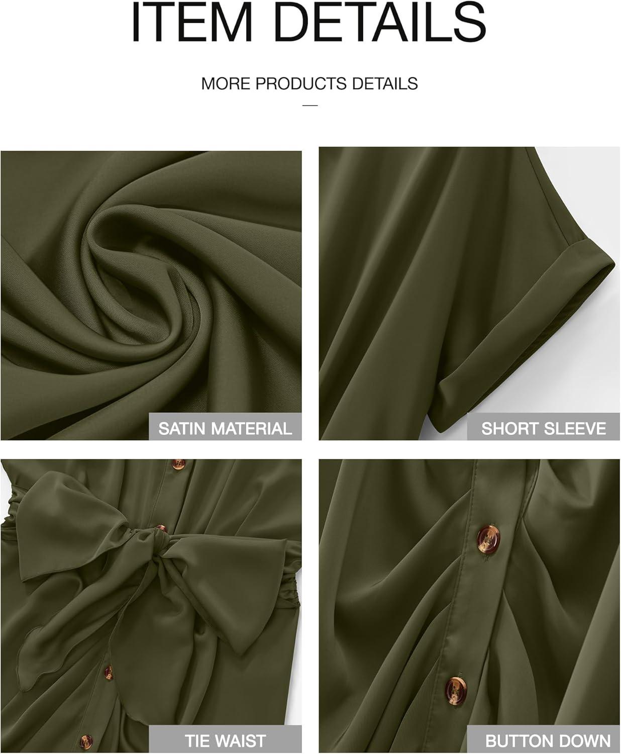 imageBTFBM Shirt Dresses for Women Button Down Short Sleeve Satin Ruched Maxi Spring Dress 2026 Cocktail Party Wedding GuestArmy Green