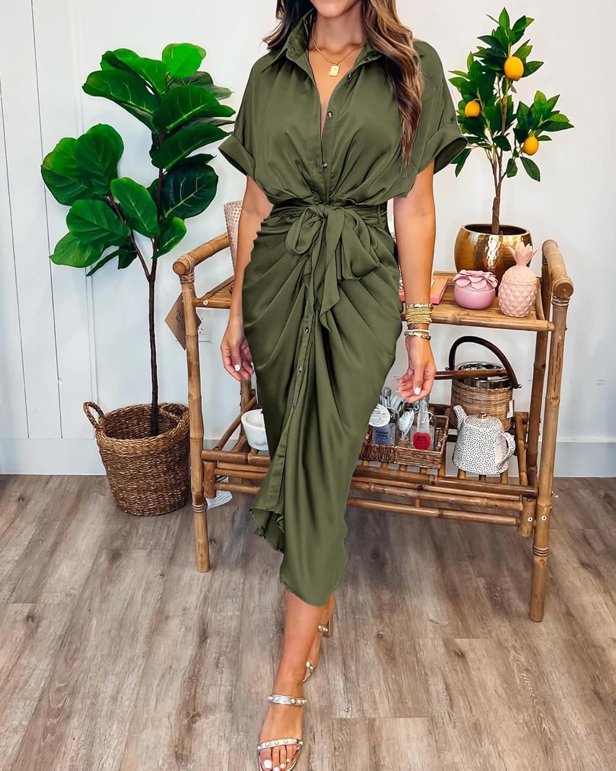 imageBTFBM Shirt Dresses for Women Button Down Short Sleeve Satin Ruched Maxi Spring Dress 2026 Cocktail Party Wedding GuestArmy Green