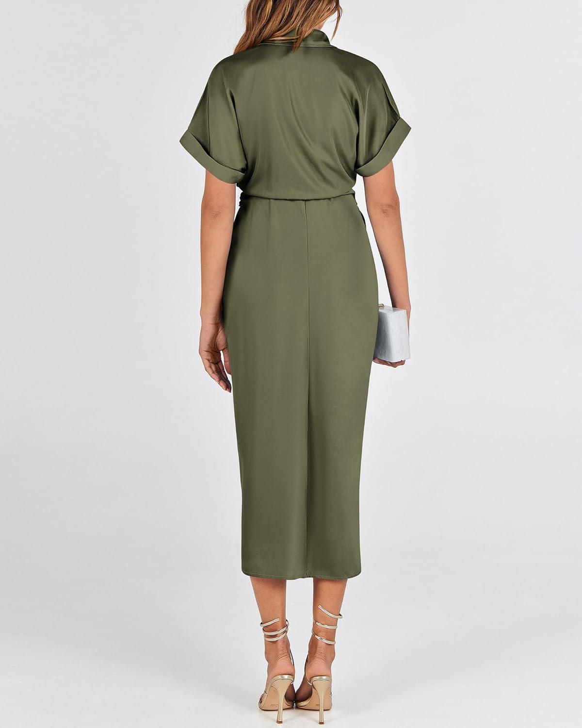 imageBTFBM Shirt Dresses for Women Button Down Short Sleeve Satin Ruched Maxi Spring Dress 2026 Cocktail Party Wedding GuestArmy Green