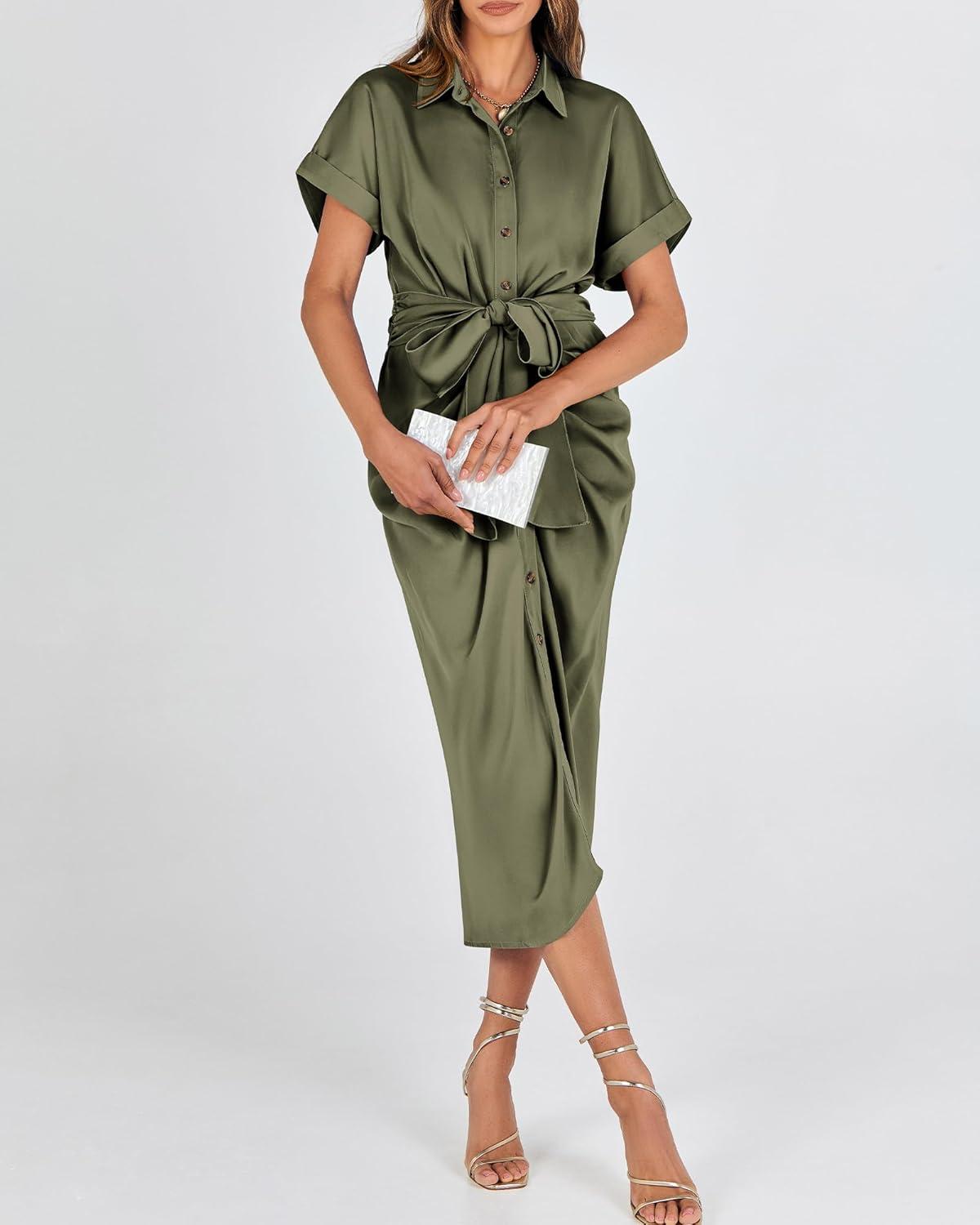 imageBTFBM Shirt Dresses for Women Button Down Short Sleeve Satin Ruched Maxi Spring Dress 2026 Cocktail Party Wedding GuestArmy Green