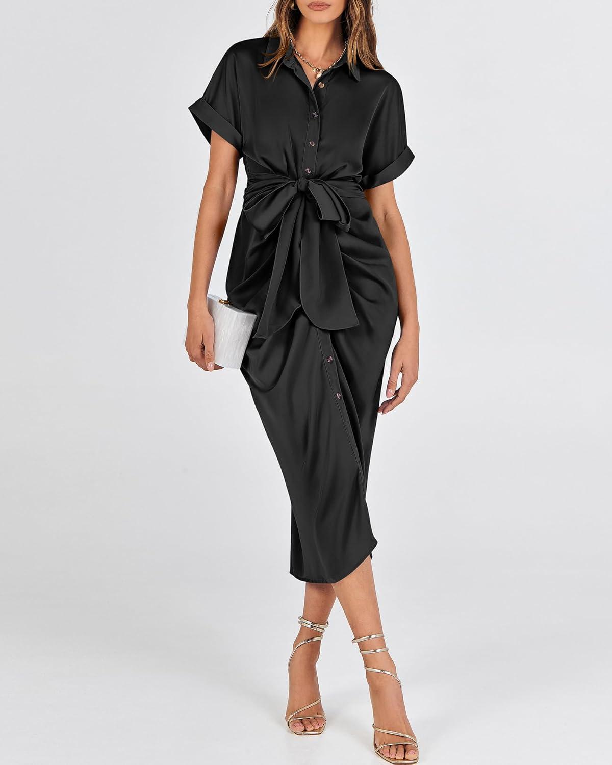 imageBTFBM Shirt Dresses for Women Button Down Short Sleeve Satin Ruched Maxi Spring Dress 2026 Cocktail Party Wedding GuestBlack