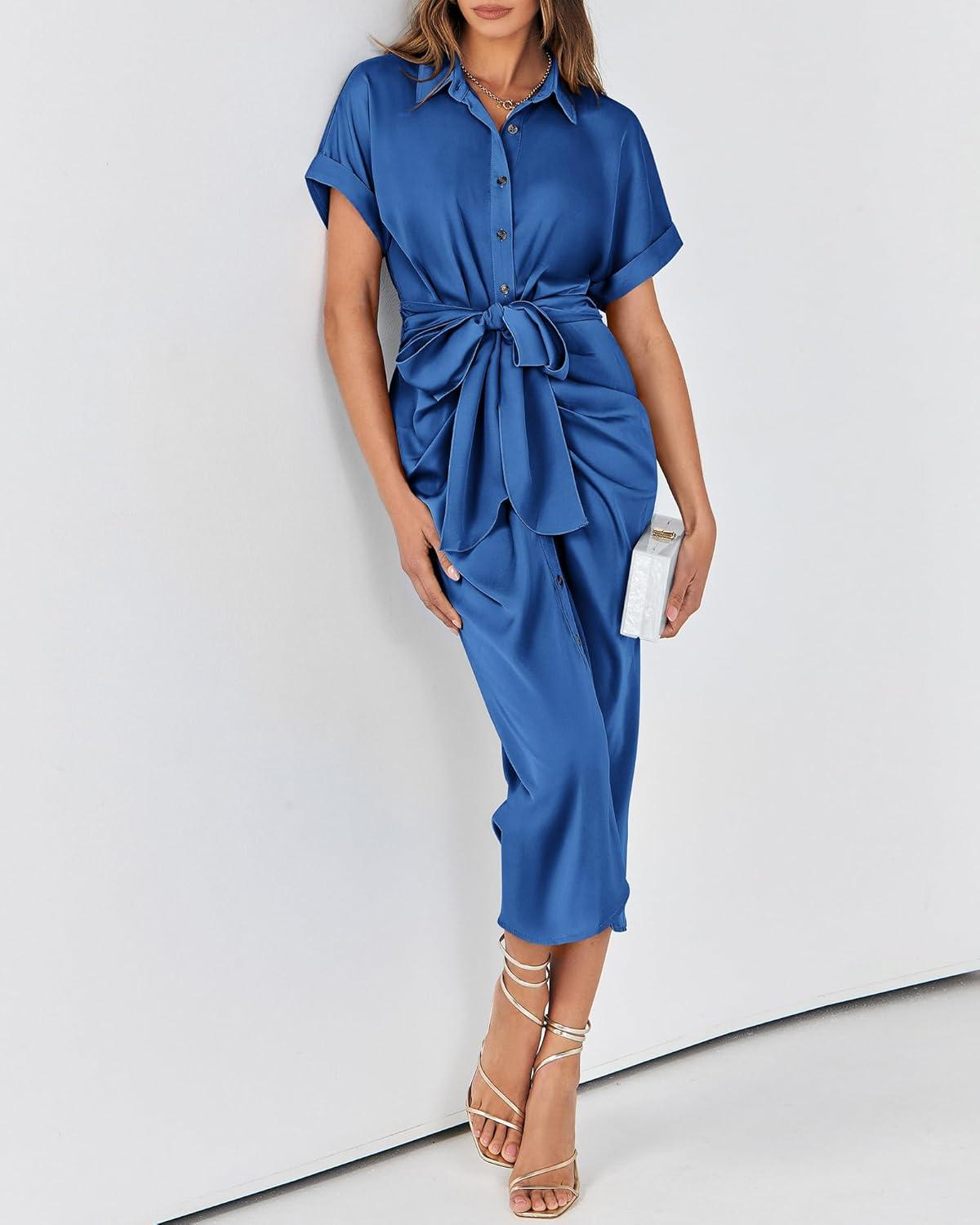 imageBTFBM Shirt Dresses for Women Button Down Short Sleeve Satin Ruched Maxi Spring Dress 2026 Cocktail Party Wedding GuestBrilliant Blue