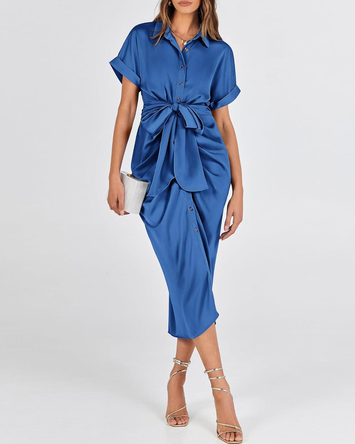 imageBTFBM Shirt Dresses for Women Button Down Short Sleeve Satin Ruched Maxi Spring Dress 2026 Cocktail Party Wedding GuestBrilliant Blue