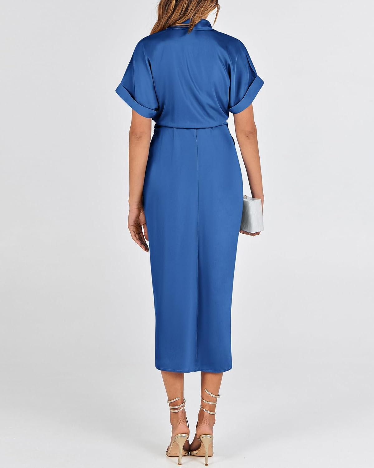 imageBTFBM Shirt Dresses for Women Button Down Short Sleeve Satin Ruched Maxi Spring Dress 2026 Cocktail Party Wedding GuestBrilliant Blue