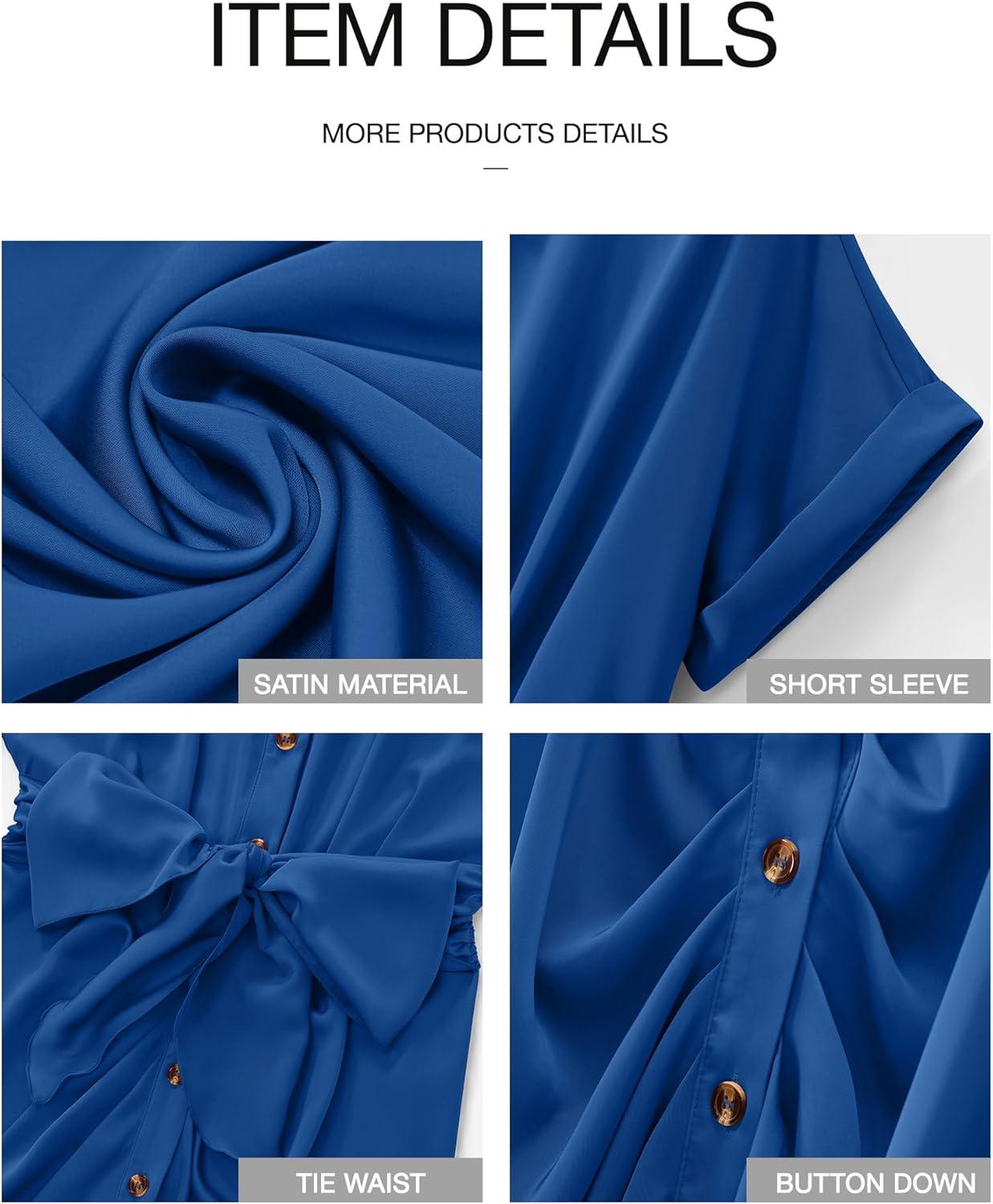 imageBTFBM Shirt Dresses for Women Button Down Short Sleeve Satin Ruched Maxi Spring Dress 2026 Cocktail Party Wedding GuestBrilliant Blue