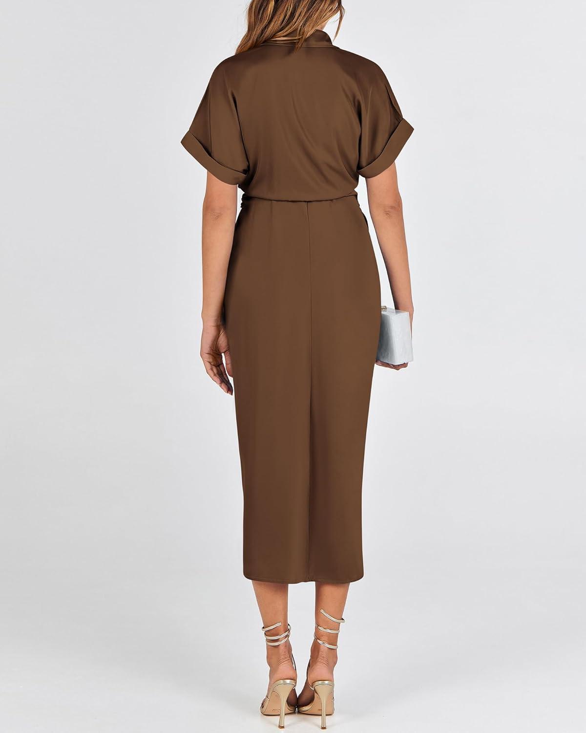 imageBTFBM Shirt Dresses for Women Button Down Short Sleeve Satin Ruched Maxi Spring Dress 2026 Cocktail Party Wedding GuestDark Brown