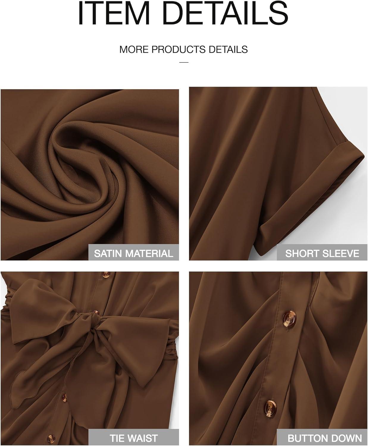 imageBTFBM Shirt Dresses for Women Button Down Short Sleeve Satin Ruched Maxi Spring Dress 2026 Cocktail Party Wedding GuestDark Brown