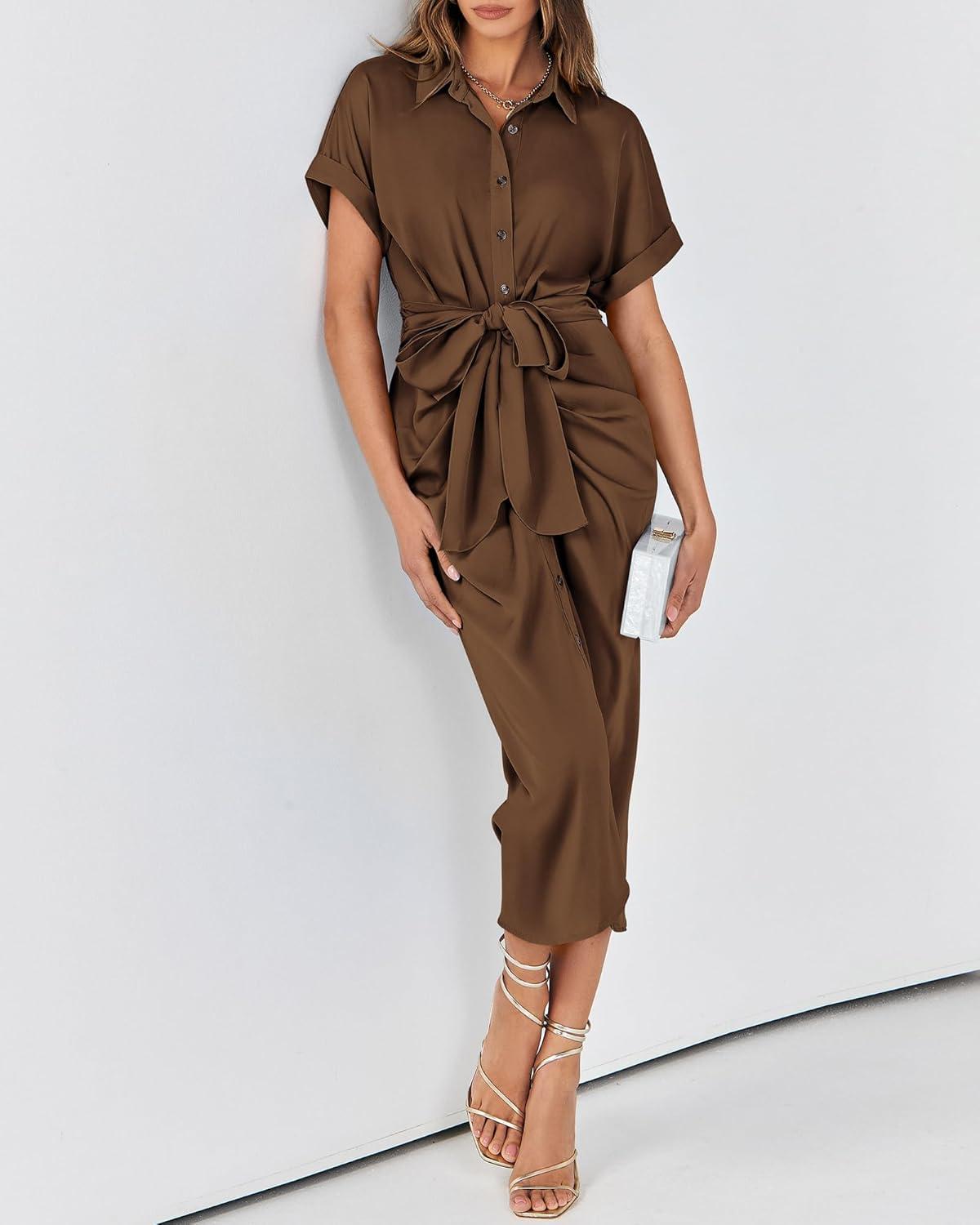imageBTFBM Shirt Dresses for Women Button Down Short Sleeve Satin Ruched Maxi Spring Dress 2026 Cocktail Party Wedding GuestDark Brown