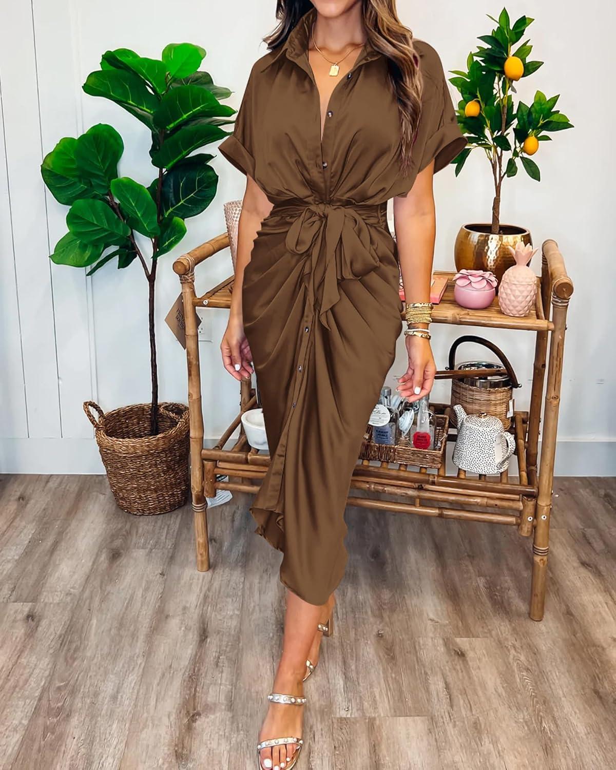 imageBTFBM Shirt Dresses for Women Button Down Short Sleeve Satin Ruched Maxi Spring Dress 2026 Cocktail Party Wedding GuestDark Brown