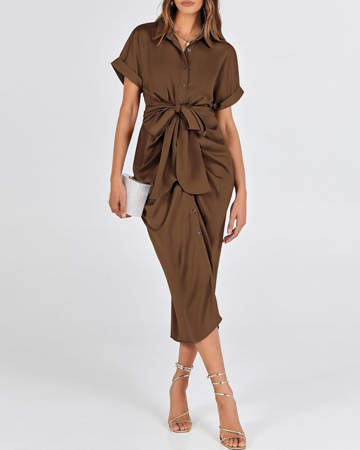 imageBTFBM Shirt Dresses for Women Button Down Short Sleeve Satin Ruched Maxi Spring Dress 2026 Cocktail Party Wedding GuestDark Brown