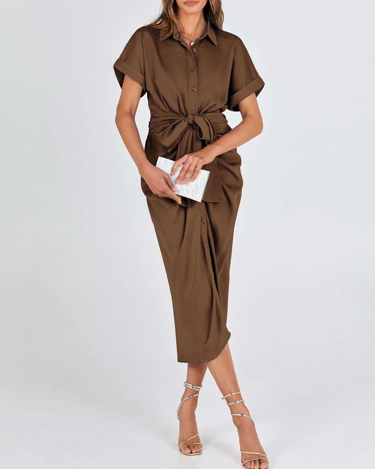 imageBTFBM Shirt Dresses for Women Button Down Short Sleeve Satin Ruched Maxi Spring Dress 2026 Cocktail Party Wedding GuestDark Brown