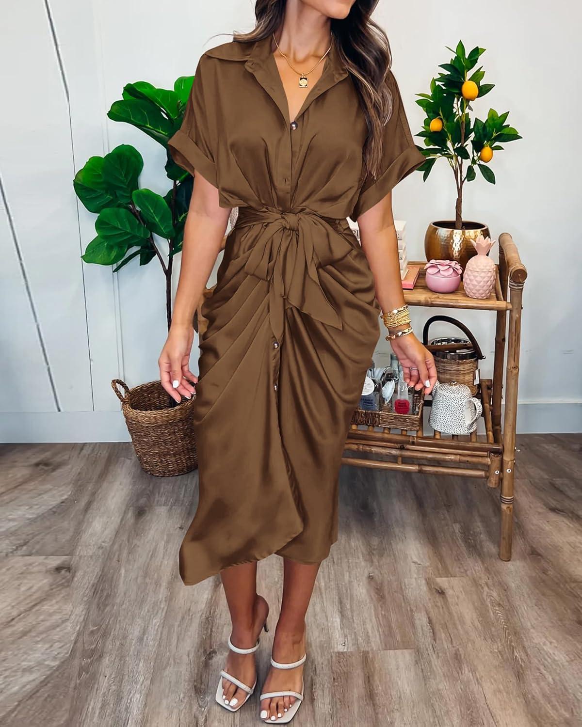 imageBTFBM Shirt Dresses for Women Button Down Short Sleeve Satin Ruched Maxi Spring Dress 2026 Cocktail Party Wedding GuestDark Brown