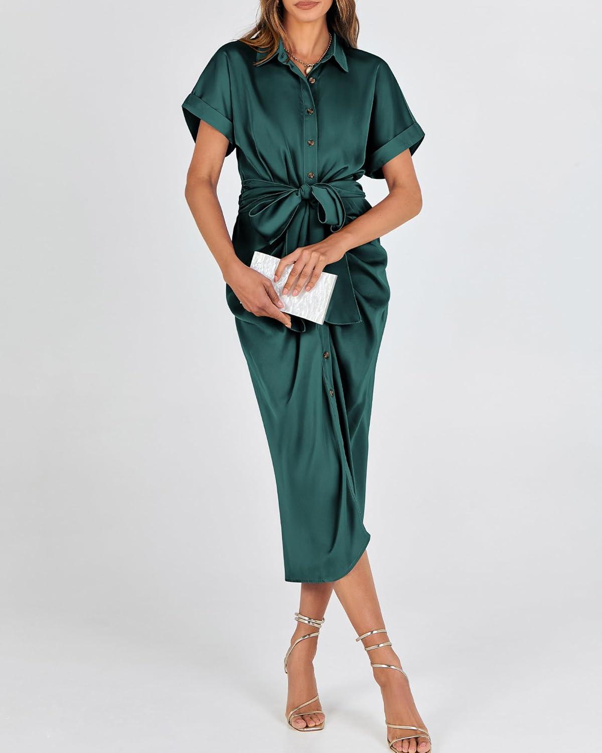 imageBTFBM Shirt Dresses for Women Button Down Short Sleeve Satin Ruched Maxi Spring Dress 2026 Cocktail Party Wedding GuestDark Green