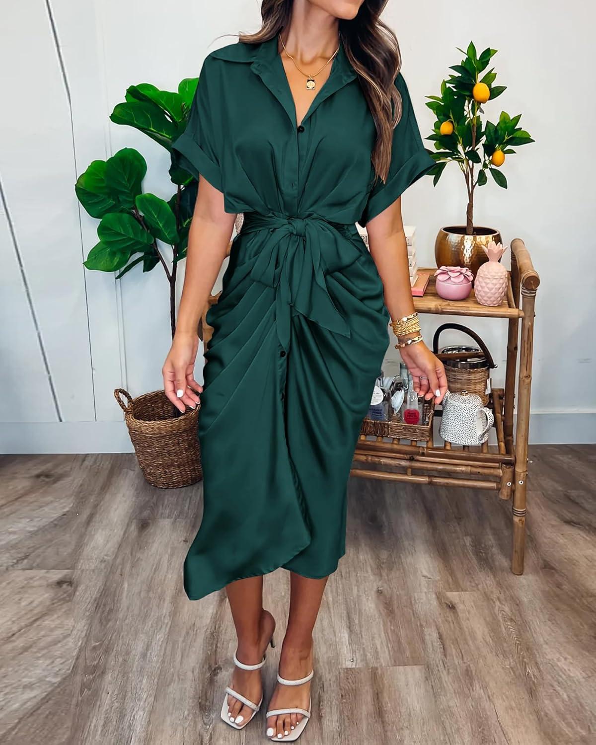 imageBTFBM Shirt Dresses for Women Button Down Short Sleeve Satin Ruched Maxi Spring Dress 2026 Cocktail Party Wedding GuestDark Green