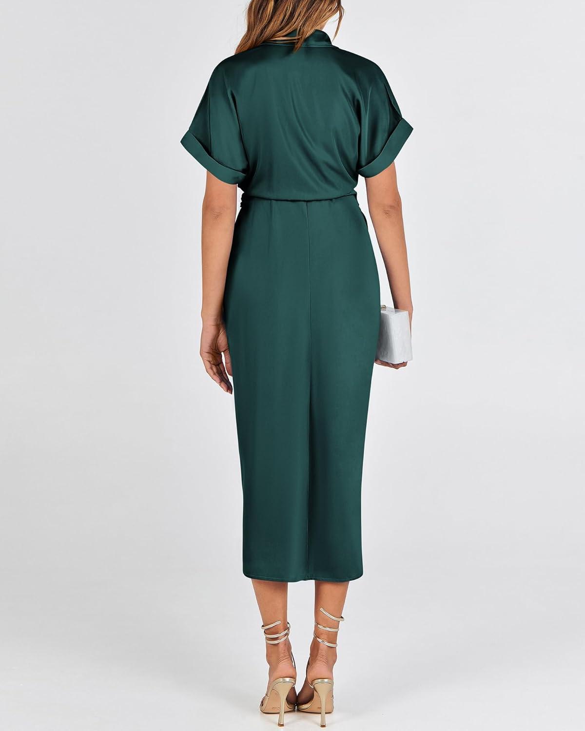 imageBTFBM Shirt Dresses for Women Button Down Short Sleeve Satin Ruched Maxi Spring Dress 2026 Cocktail Party Wedding GuestDark Green