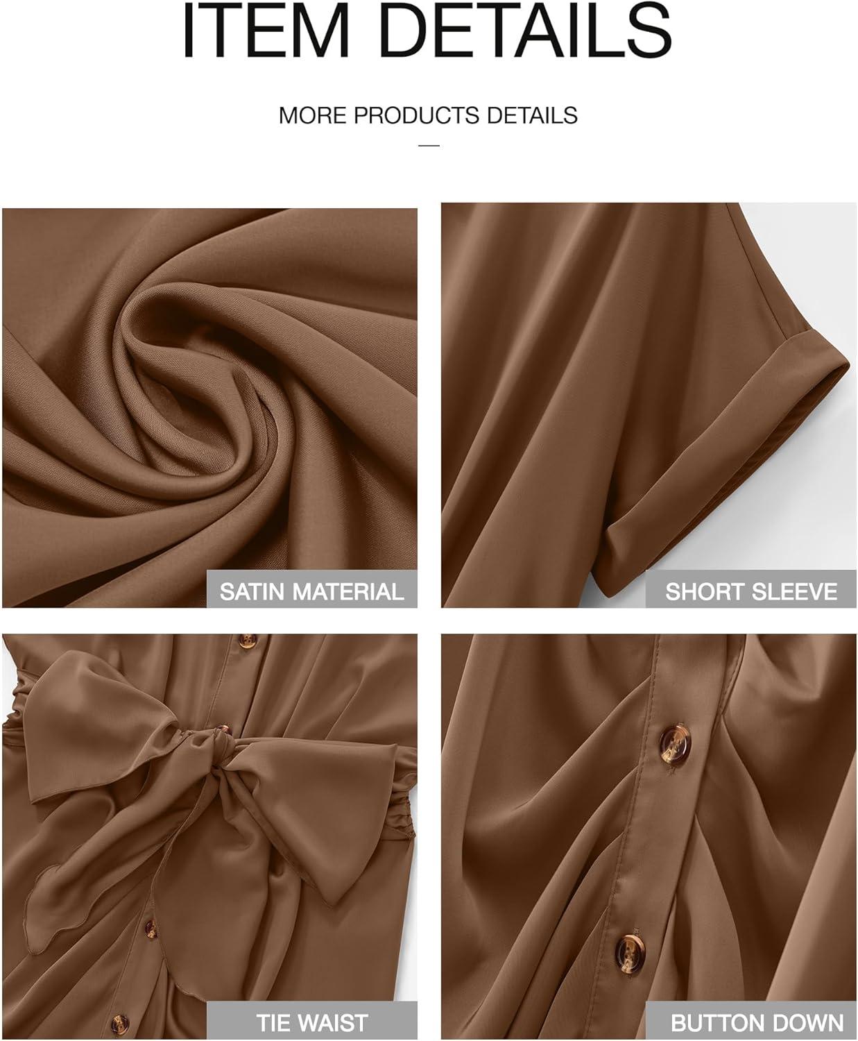 imageBTFBM Shirt Dresses for Women Button Down Short Sleeve Satin Ruched Maxi Spring Dress 2026 Cocktail Party Wedding GuestDark Khaki