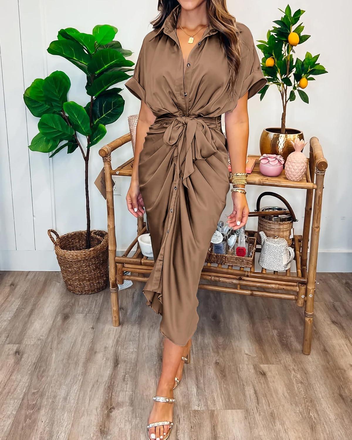 imageBTFBM Shirt Dresses for Women Button Down Short Sleeve Satin Ruched Maxi Spring Dress 2026 Cocktail Party Wedding GuestDark Khaki
