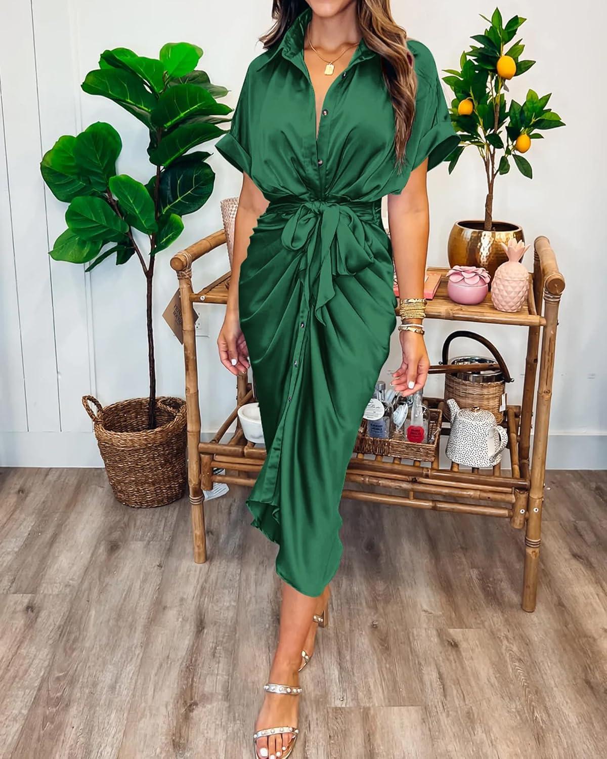 imageBTFBM Shirt Dresses for Women Button Down Short Sleeve Satin Ruched Maxi Spring Dress 2026 Cocktail Party Wedding GuestDeep Green
