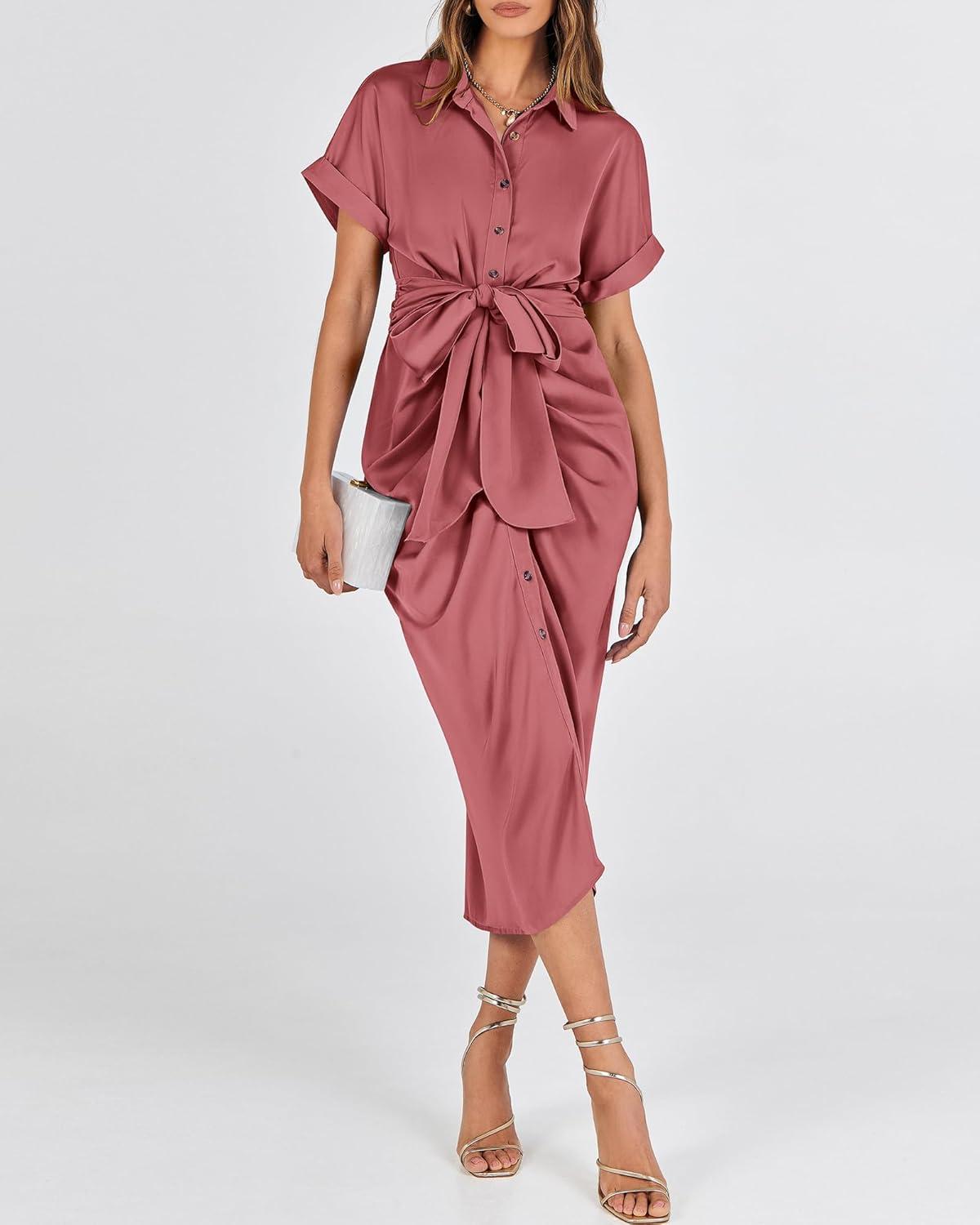 imageBTFBM Shirt Dresses for Women Button Down Short Sleeve Satin Ruched Maxi Spring Dress 2026 Cocktail Party Wedding GuestDusty Pink