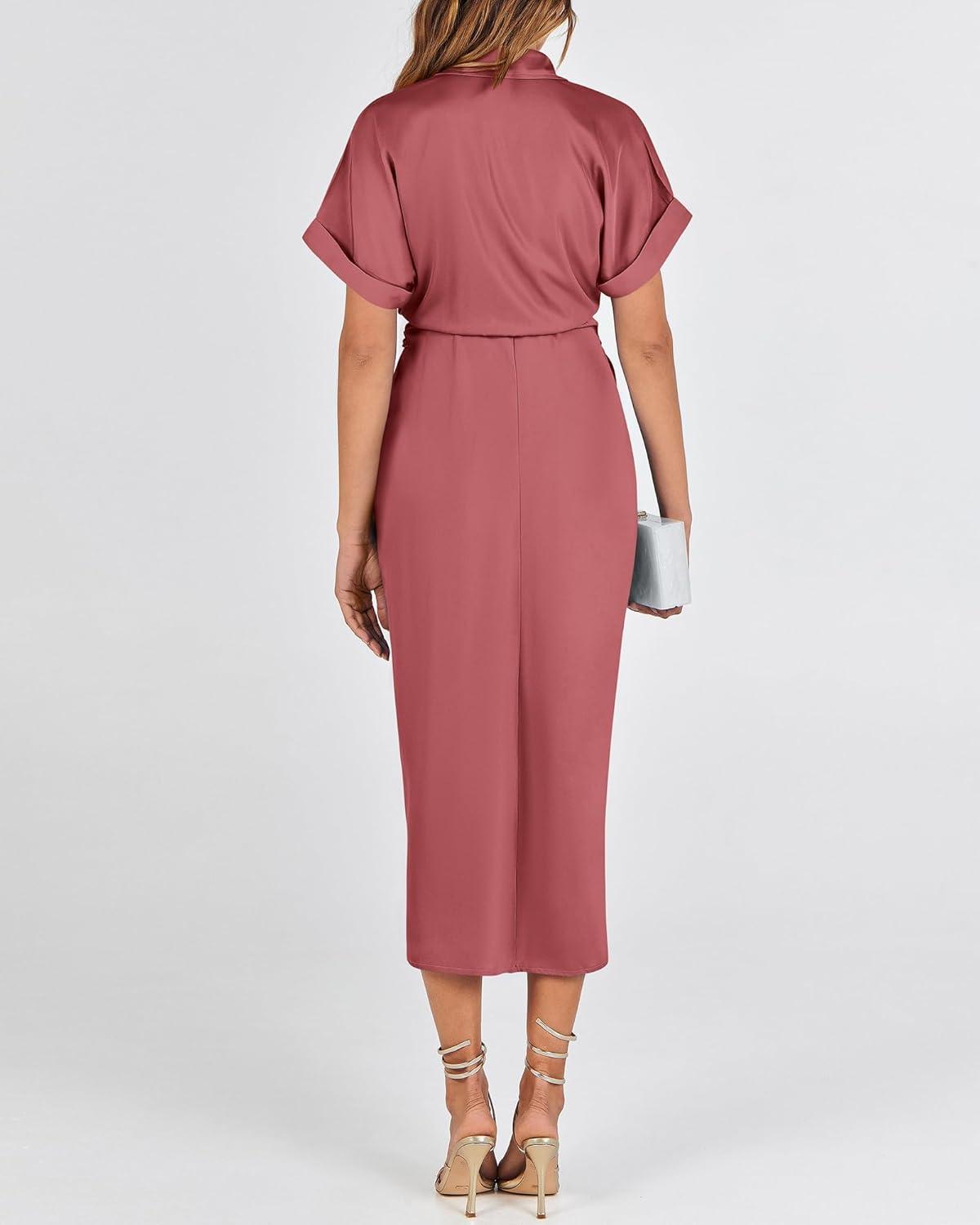 imageBTFBM Shirt Dresses for Women Button Down Short Sleeve Satin Ruched Maxi Spring Dress 2026 Cocktail Party Wedding GuestDusty Pink